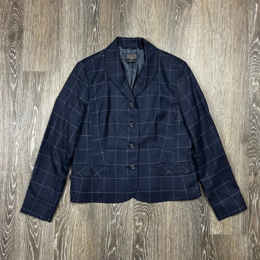 Pendleton Navy Blue Plaid Soft 100% Virgin Wool Women's Blazer Size 12